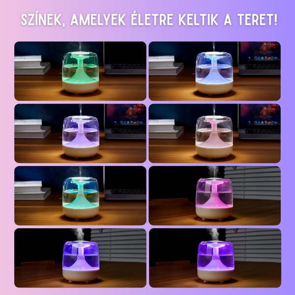 Modern USB Párásító Színes LED Világítással Csendes Működéssel, Vízszint Érzékelős Automatikus Kikapcsolással, Fehér