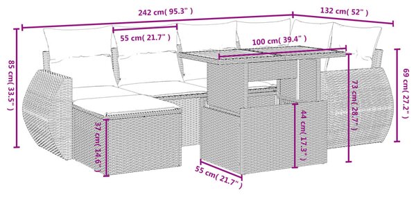 7 részes bézs polyrattan kerti ülőgarnitúra párnákkal