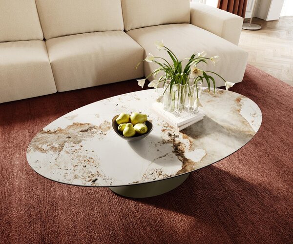 DELIFE Dohányzóasztal Edge ovális 140x80 cm kerámia Minas melange Conis fém titán színű effektfinish