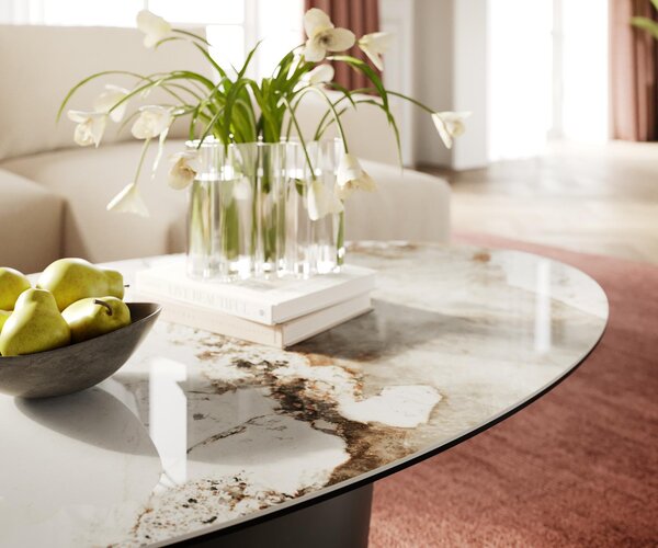 DELIFE Dohányzóasztal Edge ovális 140x80 cm kerámia Minas melange Conis fém titán színű effektfinish