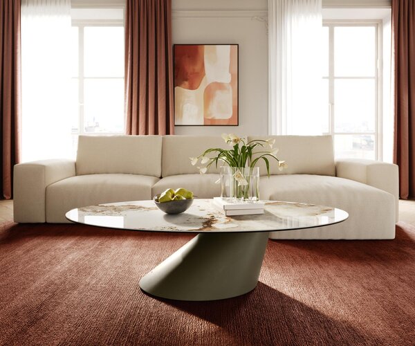 DELIFE Dohányzóasztal Edge ovális 140x80 cm kerámia Minas melange Conis fém titán színű effektfinish