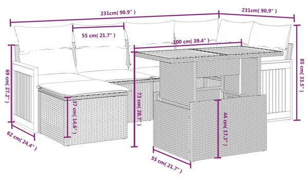 6 részes fekete polyrattan kerti ülőgarnitúra párnákkal