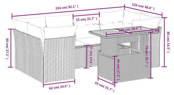 7 részes bézs polyrattan kerti ülőgarnitúra párnákkal