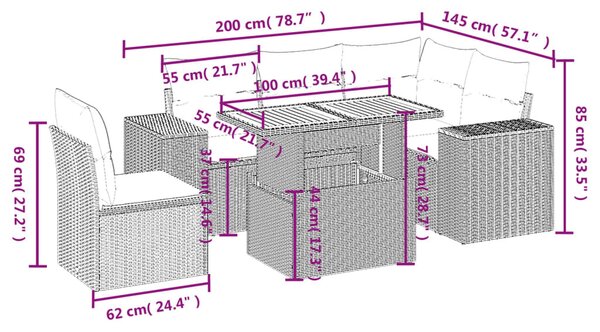 6 részes fekete polyrattan kerti ülőgarnitúra párnákkal