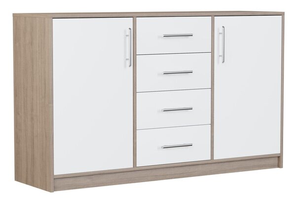 Komód Cavmero 109, Laminált forgácslap, 84x140x40cm, Sonoma tölgy, Fehér