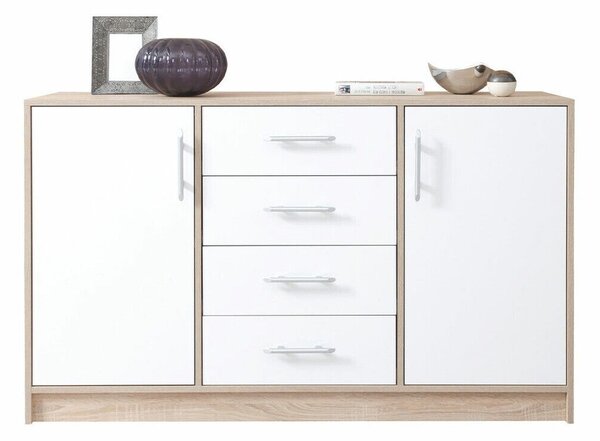 Komód Cavmero 109, Laminált forgácslap, 84x140x40cm, Sonoma tölgy, Fehér