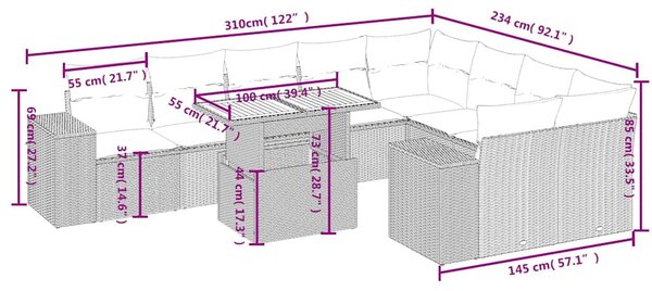 10 részes bézs polyrattan kerti ülőgarnitúra párnával