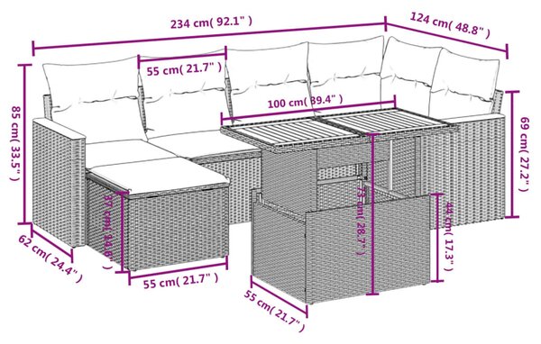 7 részes bézs polyrattan kerti ülőgarnitúra párnákkal