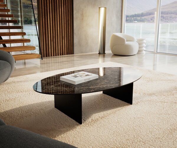 DELIFE Dohányzóasztal Edge ovális 140x80 cm kerámia emperador extra lucidato sötétbarna Salto fém fekete