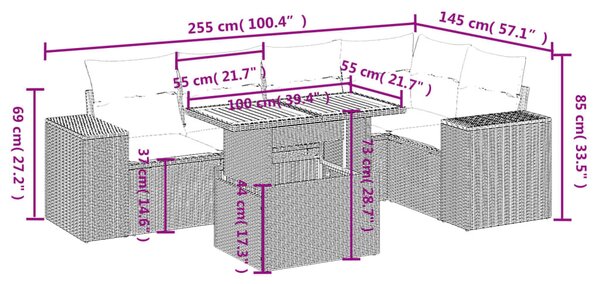 6 részes bézs polyrattan kerti ülőgarnitúra párnával
