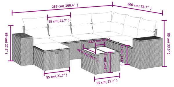 8 részes világosszürke polyrattan kerti ülőgarnitúra párnával