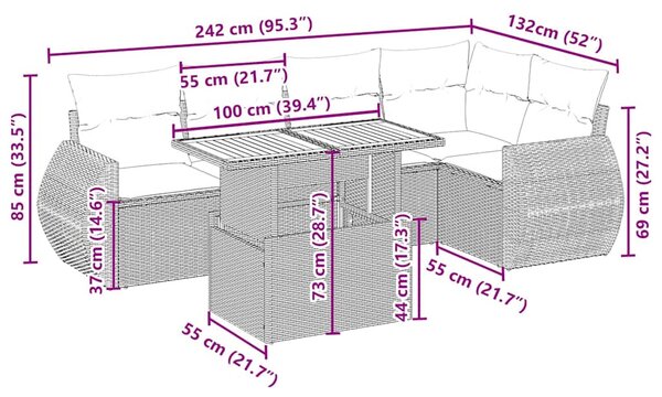 6 részes bézs polyrattan kerti ülőgarnitúra párnával