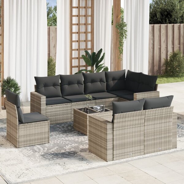 9 részes világosszürke polyrattan kerti ülőgarnitúra párnával