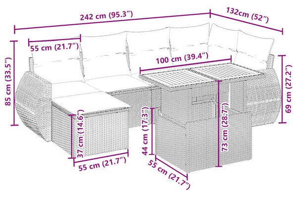 7 részes bézs polyrattan kerti ülőgarnitúra párnákkal