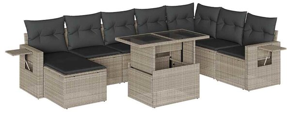 9 részes világosszürke polyrattan kerti ülőgarnitúra párnával