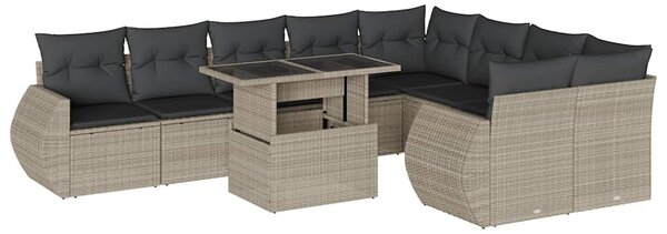 10 részes világosszürke polyrattan kerti ülőgarnitúra párnákkal