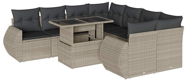 9 részes világosszürke polyrattan kerti ülőgarnitúra párnával