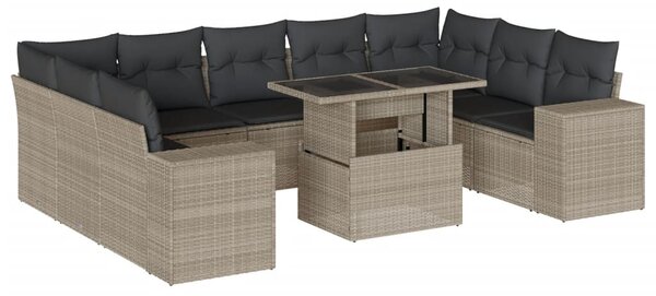 10 részes világosszürke polyrattan kerti ülőgarnitúra párnákkal