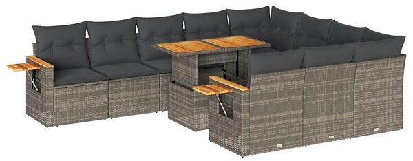 11 részes szürke polyrattan akácfa kerti ülőgarnitúra párnákkal