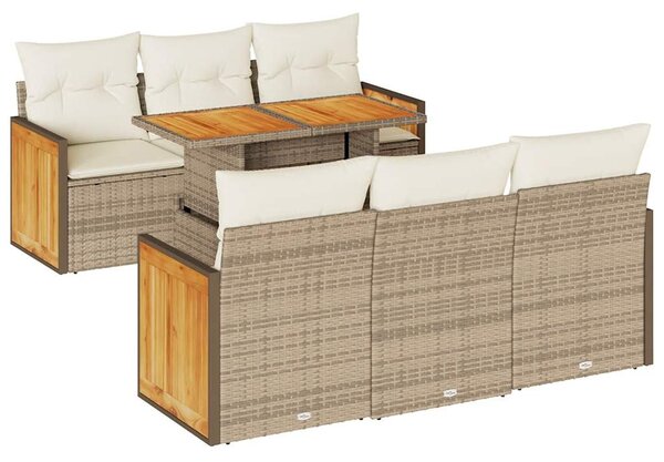 7 részes bézs polyrattan akácfa kerti ülőgarnitúra párnákkal