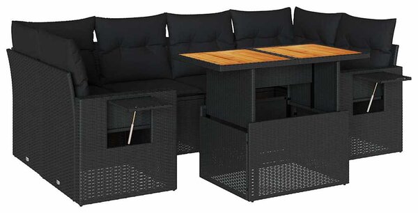 7 részes fekete polyrattan kerti ülőgarnitúra párnával