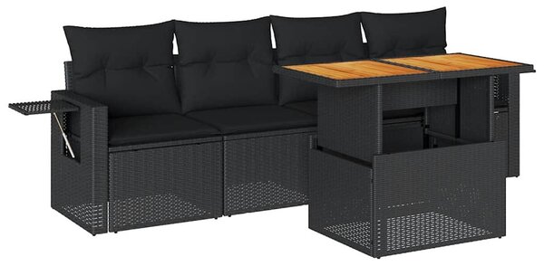 5 részes fekete polyrattan kerti kanapészett párnákkal