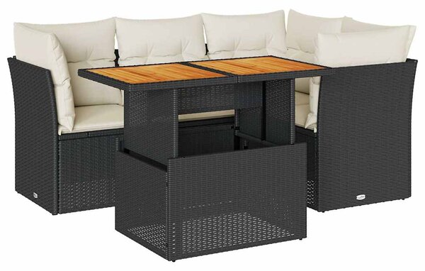 5 részes fekete polyrattan kerti kanapészett párnákkal
