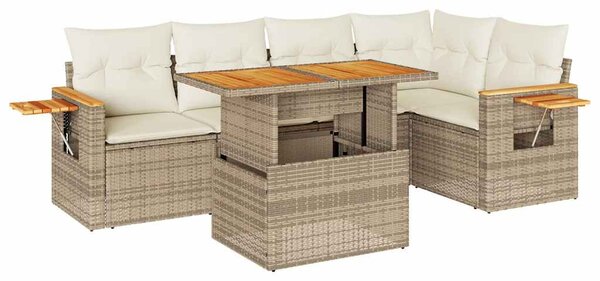 6 részes bézs polyrattan akácfa kerti ülőgarnitúra párnával