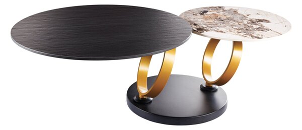DANCING RINGS forgatható kerámia dohányzóasztal, 80-134cm, fekete és natúr kő megjelenés