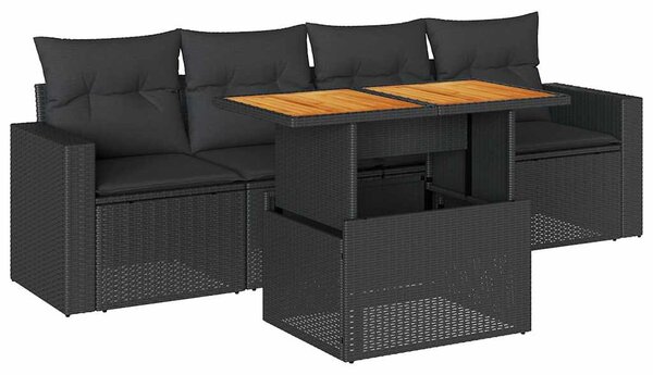 5 részes fekete polyrattan kerti kanapészett párnákkal
