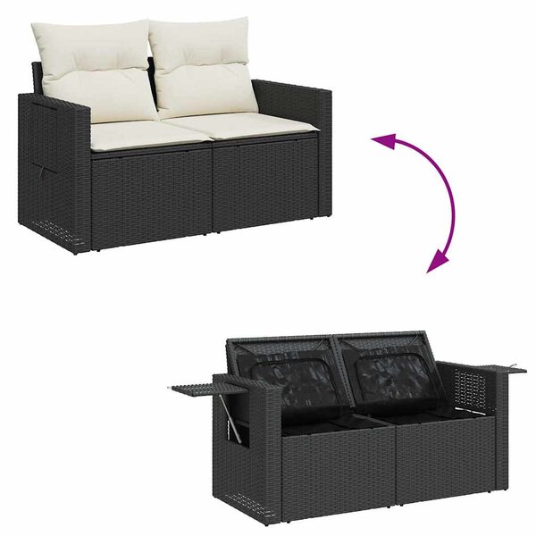 5 részes fekete polyrattan kerti kanapészett párnákkal