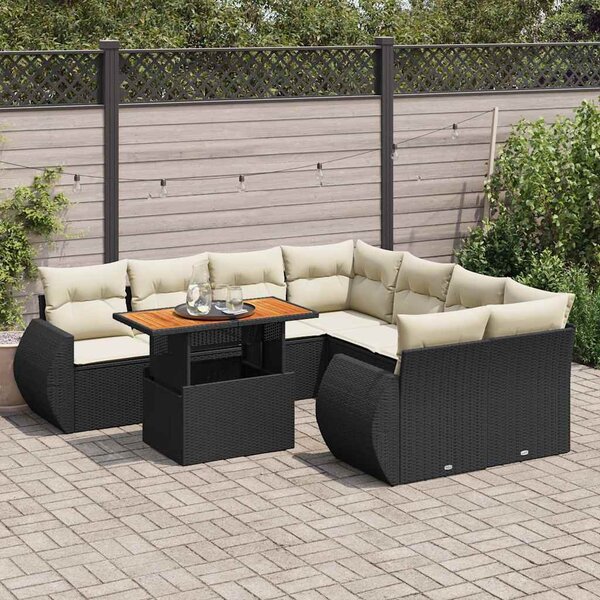 9 részes fekete polyrattan kerti ülőgarnitúra párnákkal