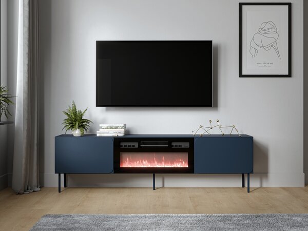 TV-állvány Fentore 104, Közepes sűrűségű farostlemez, Laminált forgácslap, Edzett üveg, 58x200x40cm, Indigó
