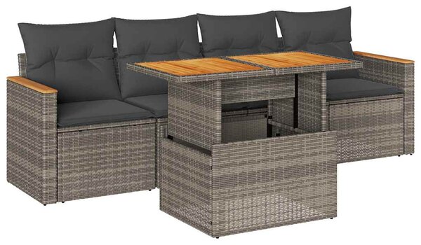 5 részes szürke polyrattan akácfa kerti ülőgarnitúra párnákkal