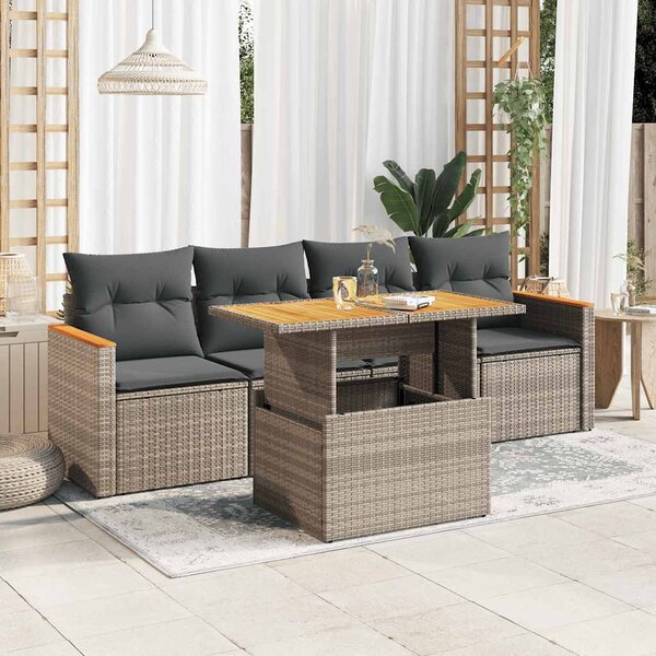 5 részes szürke polyrattan akácfa kerti ülőgarnitúra párnákkal