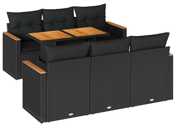 7 részes fekete polyrattan akácfa kerti ülőgarnitúra párnával