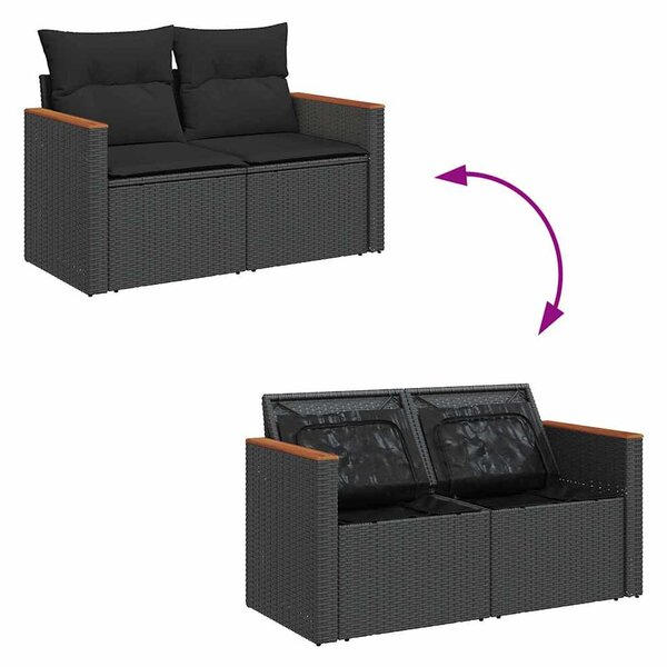 6 részes fekete polyrattan akácfa kerti ülőgarnitúra párnákkal
