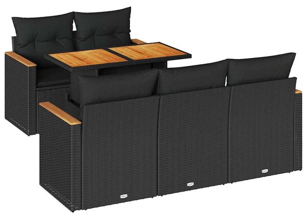 6 részes fekete polyrattan akácfa kerti ülőgarnitúra párnákkal