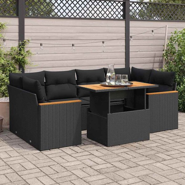 6 részes fekete polyrattan akácfa kerti ülőgarnitúra párnákkal