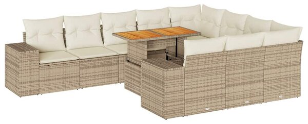 10 részes bézs polyrattan akácfa kerti ülőgarnitúra párnával