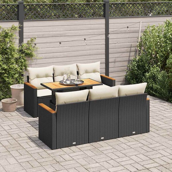 7 részes fekete polyrattan akácfa kerti ülőgarnitúra párnával
