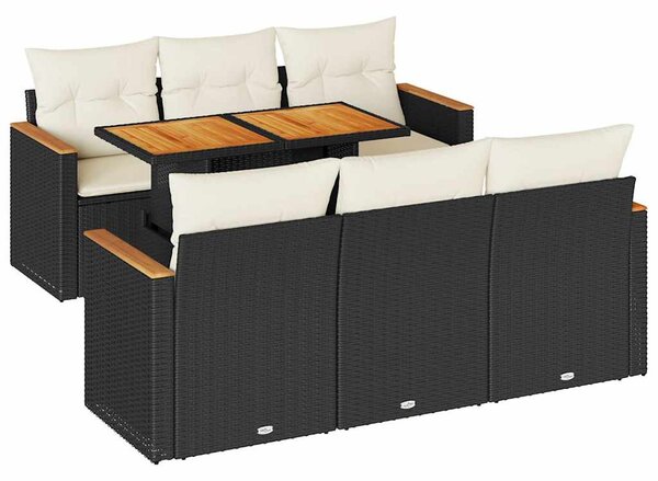 7 részes fekete polyrattan akácfa kerti ülőgarnitúra párnával