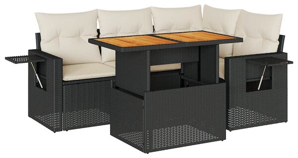 5 részes fekete polyrattan kerti kanapészett párnákkal