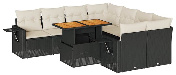9 részes fekete polyrattan kerti ülőgarnitúra párnákkal