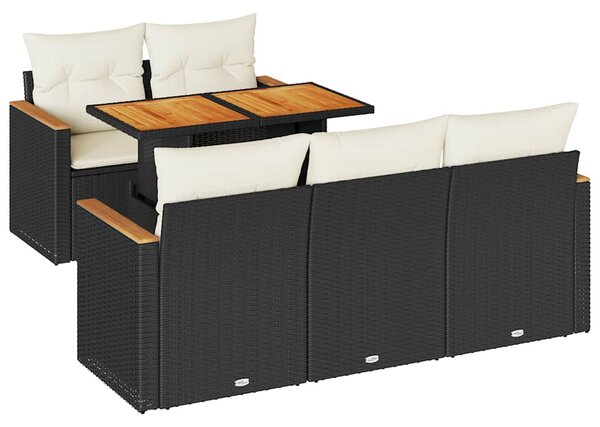6 részes fekete polyrattan akácfa kerti ülőgarnitúra párnákkal