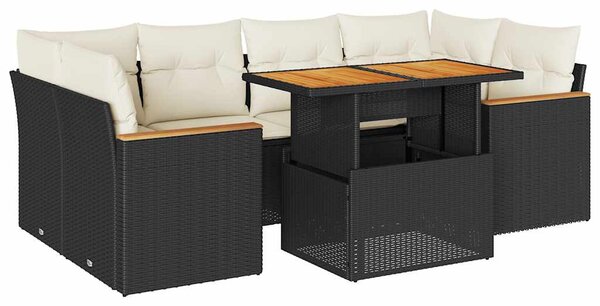 6 részes fekete polyrattan akácfa kerti ülőgarnitúra párnákkal
