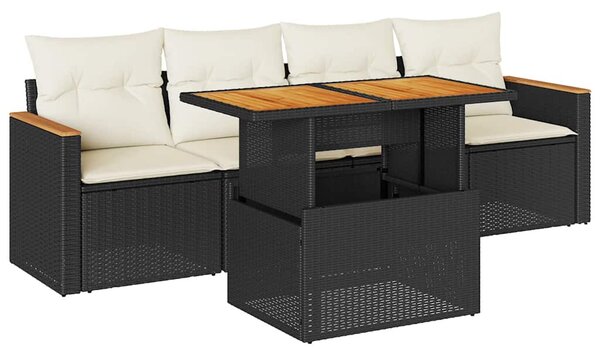 5 részes fekete polyrattan akácfa kerti kanapészett párnákkal