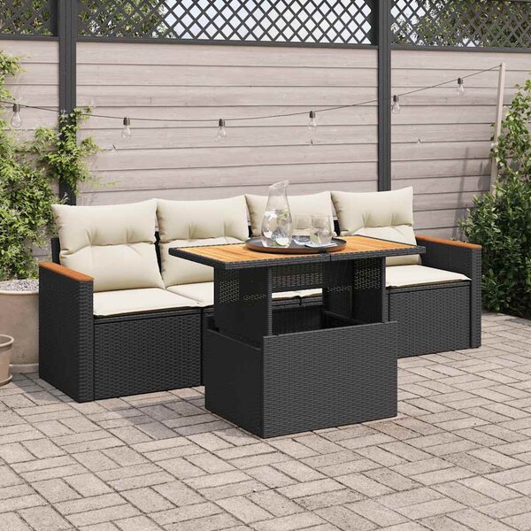 5 részes fekete polyrattan akácfa kerti kanapészett párnákkal