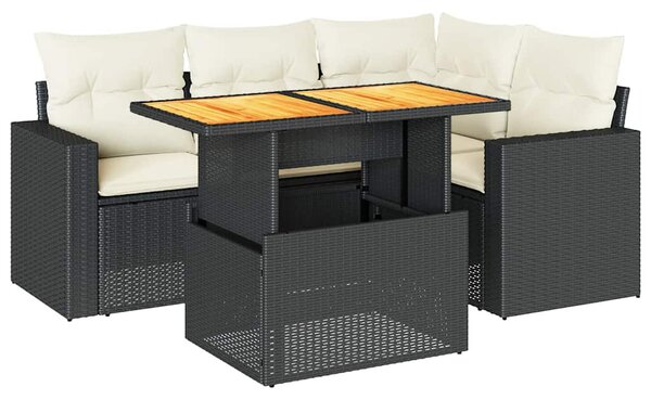 5 részes fekete polyrattan kerti kanapészett párnákkal