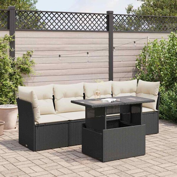 5 részes fekete polyrattan kerti kanapészett párnákkal